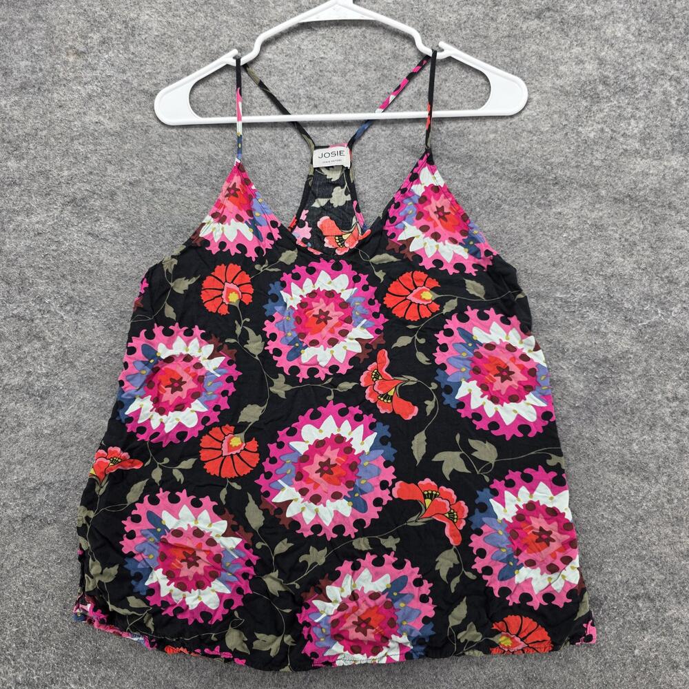 Josie Natori Tank Top Womens Medium Black Pink Floral Spaghetti Strap Boho Rayon